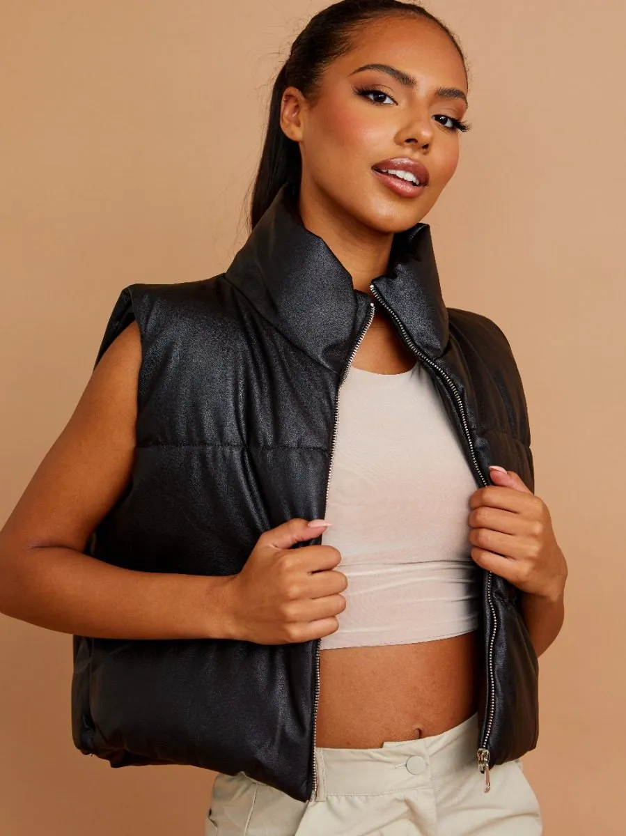 Rony PU Down Fill Padded Cropped Gilet In Black
