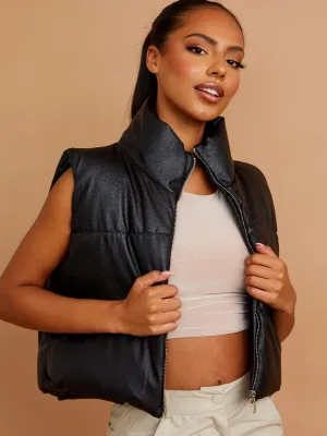 Rony PU Down Fill Padded Cropped Gilet In Black