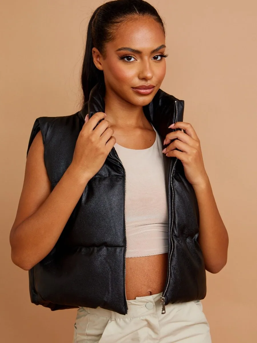 Rony PU Down Fill Padded Cropped Gilet In Black