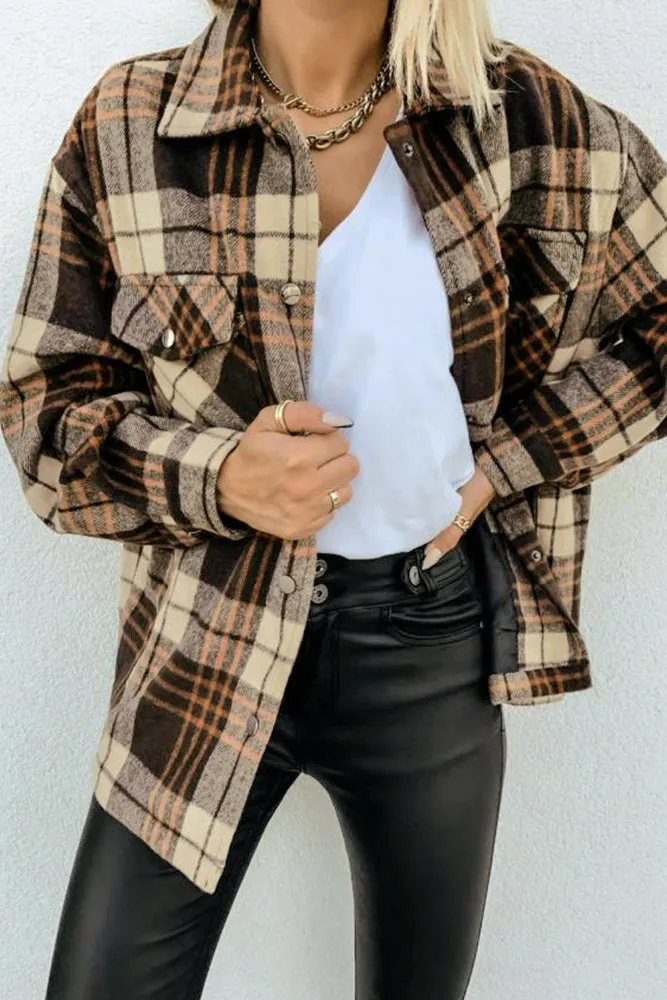 Single-breasted Plaid Tweed Shacket Coat with Pockets