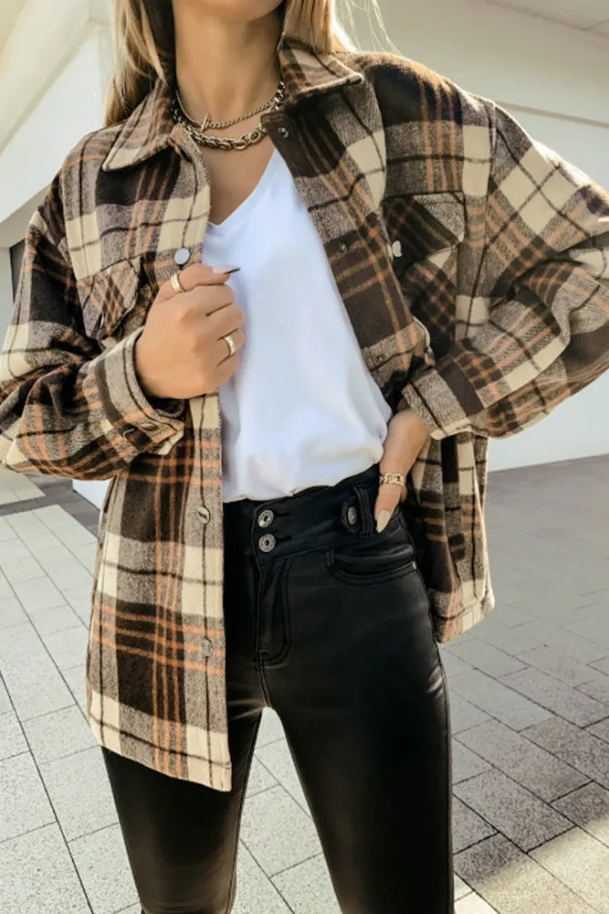 Single-breasted Plaid Tweed Shacket Coat with Pockets