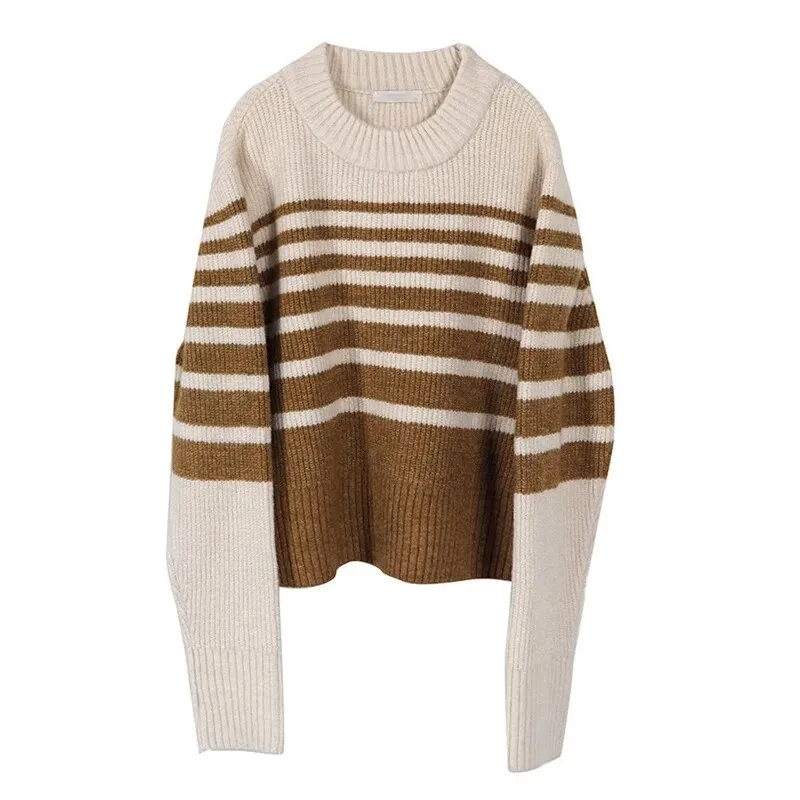 Striped Knitting Sweater For Women Round Neck Long Sleeve Colorblock Pullover Female Clothing Spring Style