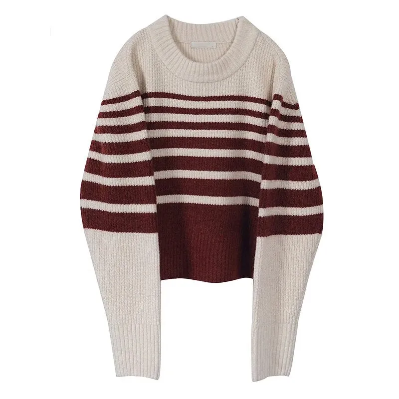 Striped Knitting Sweater For Women Round Neck Long Sleeve Colorblock Pullover Female Clothing Spring Style