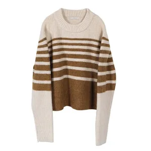 Striped Knitting Sweater For Women Round Neck Long Sleeve Colorblock Pullover Female Clothing Spring Style