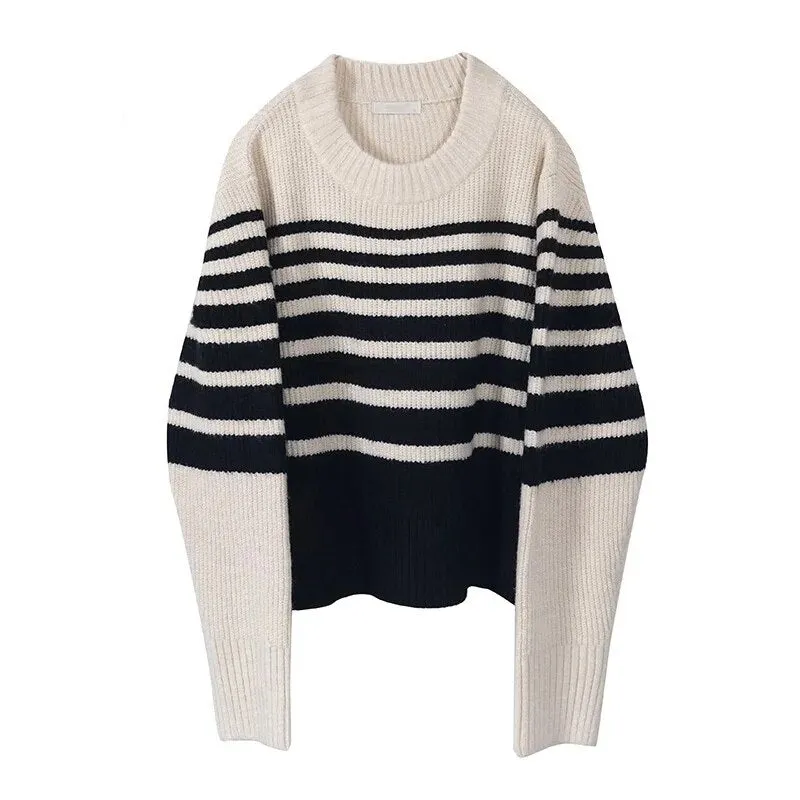 Striped Knitting Sweater For Women Round Neck Long Sleeve Colorblock Pullover Female Clothing Spring Style