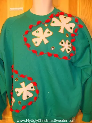 Tacky Cheap Christmas Sweatshirt Irish Shamrocks 3D Bling