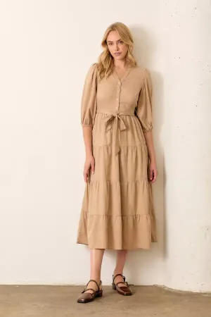 The Renna Button Front Maxi Dress in Taupe