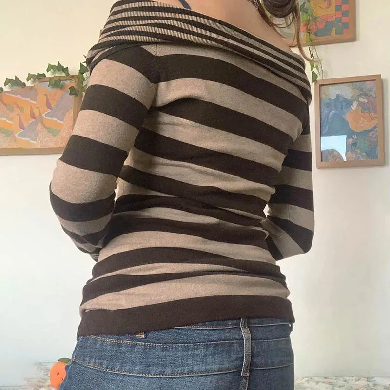 Vintage Fashion Zipper Autumn Sweater Female Slim Knitted Pullover Brown Stripe Off Shoulder Jumper Harajuku Clothing