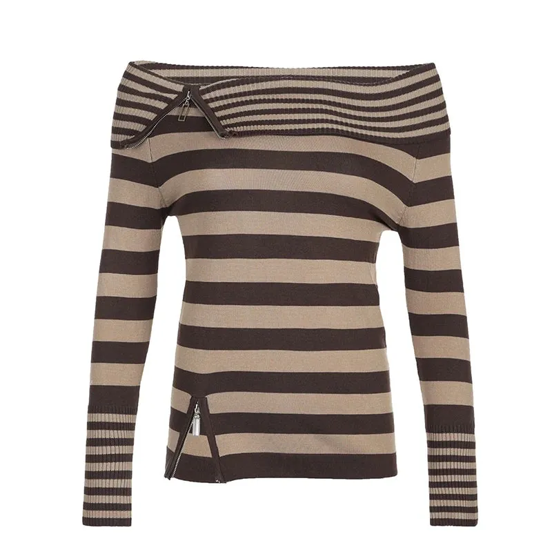 Vintage Fashion Zipper Autumn Sweater Female Slim Knitted Pullover Brown Stripe Off Shoulder Jumper Harajuku Clothing