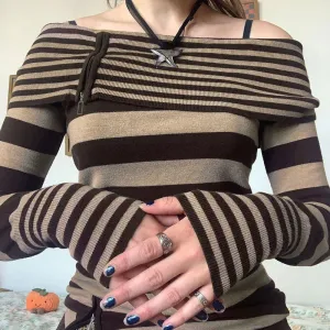 Vintage Fashion Zipper Autumn Sweater Female Slim Knitted Pullover Brown Stripe Off Shoulder Jumper Harajuku Clothing