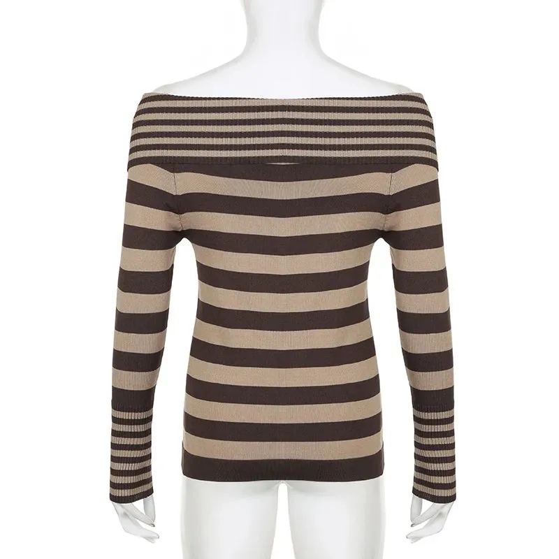 Vintage Fashion Zipper Autumn Sweater Female Slim Knitted Pullover Brown Stripe Off Shoulder Jumper Harajuku Clothing