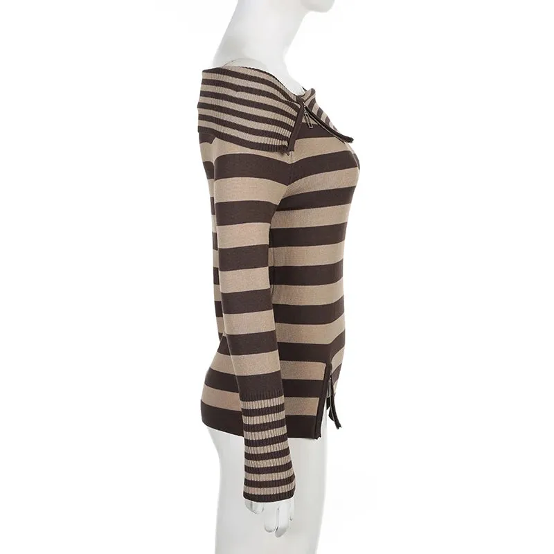 Vintage Fashion Zipper Autumn Sweater Female Slim Knitted Pullover Brown Stripe Off Shoulder Jumper Harajuku Clothing