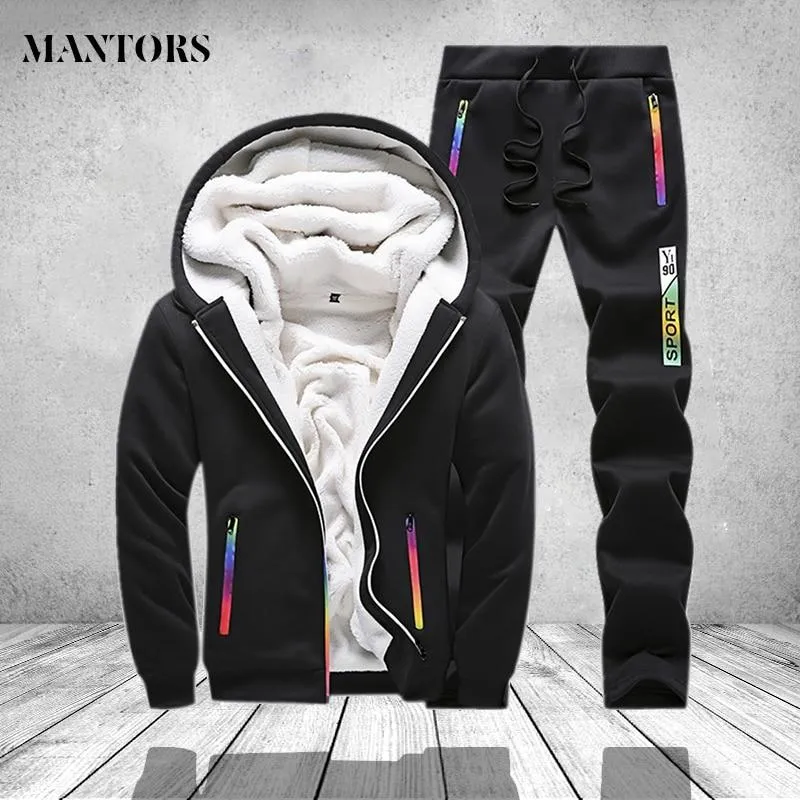 Winter Tracksuit Men Set Sporting Two Pieces Sweatsuit Mens Clothes Printed Thick Hooded Hoodies Jacket   Pants Track Suit Male