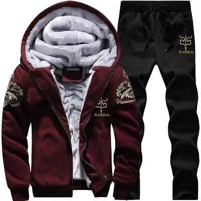 Winter Tracksuit Men Set Sporting Two Pieces Sweatsuit Mens Clothes Printed Thick Hooded Hoodies Jacket   Pants Track Suit Male