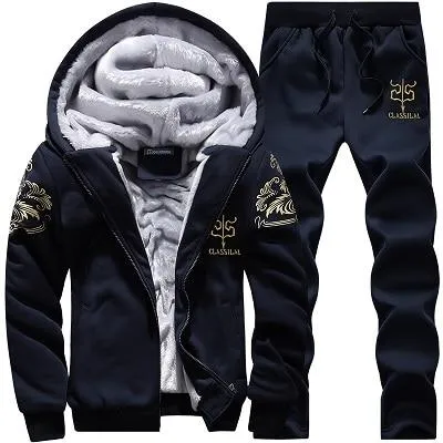 Winter Tracksuit Men Set Sporting Two Pieces Sweatsuit Mens Clothes Printed Thick Hooded Hoodies Jacket   Pants Track Suit Male