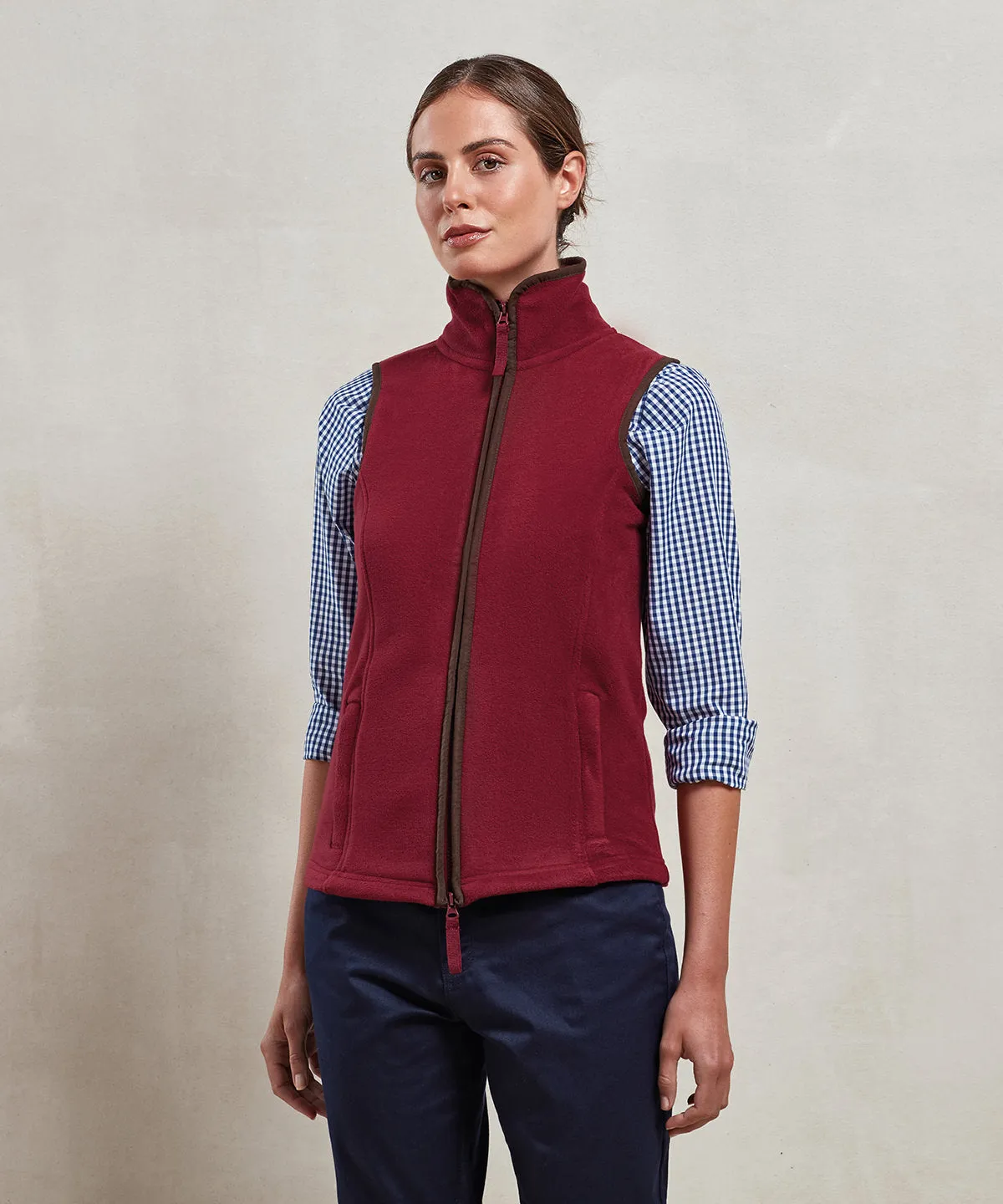 Womens artisan fleece gilet | Burgundy/Brown