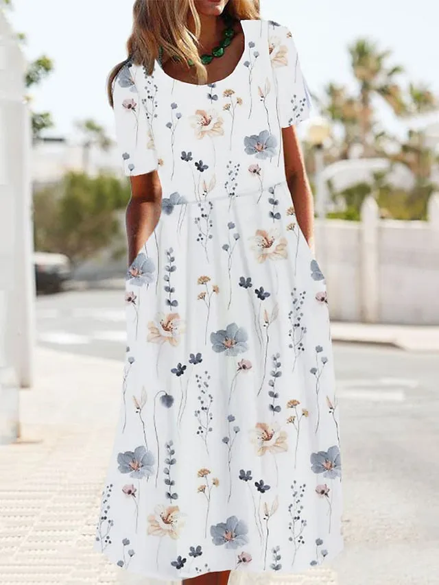 Women's Casual Dress Summer Dress Print Dress Leaf Floral Pocket Print Crew Neck Midi Dress Fashion Streetwear Outdoor Daily Short Sleeve Loose Fit White Yellow Green Summer Spring S M L XL XXL