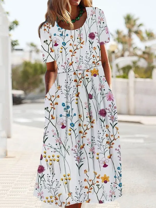 Women's Casual Dress Summer Dress Print Dress Leaf Floral Pocket Print Crew Neck Midi Dress Fashion Streetwear Outdoor Daily Short Sleeve Loose Fit White Yellow Green Summer Spring S M L XL XXL