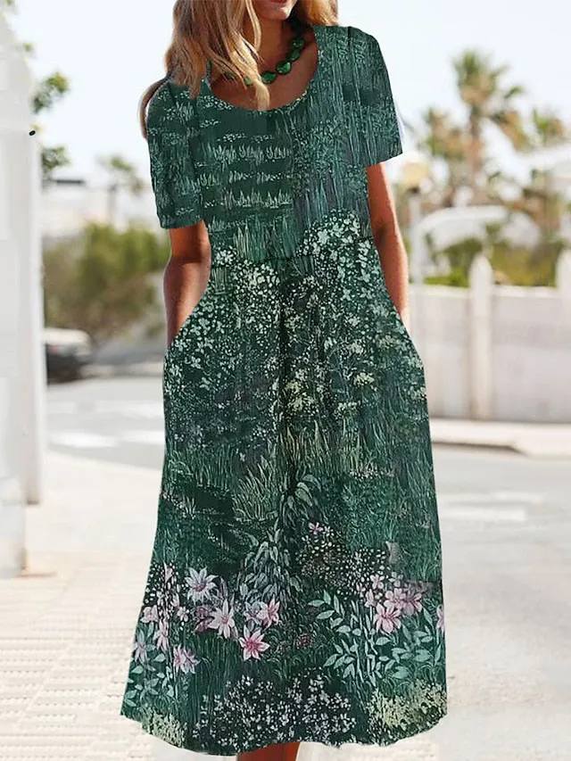 Women's Casual Dress Summer Dress Print Dress Leaf Floral Pocket Print Crew Neck Midi Dress Fashion Streetwear Outdoor Daily Short Sleeve Loose Fit White Yellow Green Summer Spring S M L XL XXL