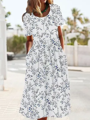 Women's Casual Dress Summer Dress Print Dress Leaf Floral Pocket Print Crew Neck Midi Dress Fashion Streetwear Outdoor Daily Short Sleeve Loose Fit White Yellow Green Summer Spring S M L XL XXL