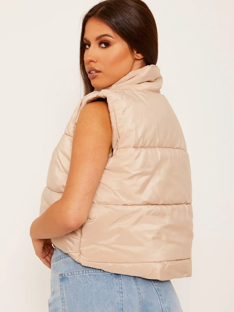 Yoli Cropped Padded Gilet In Stone