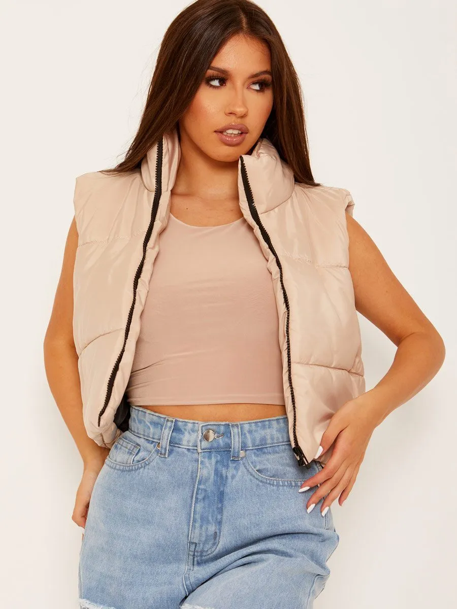 Yoli Cropped Padded Gilet In Stone