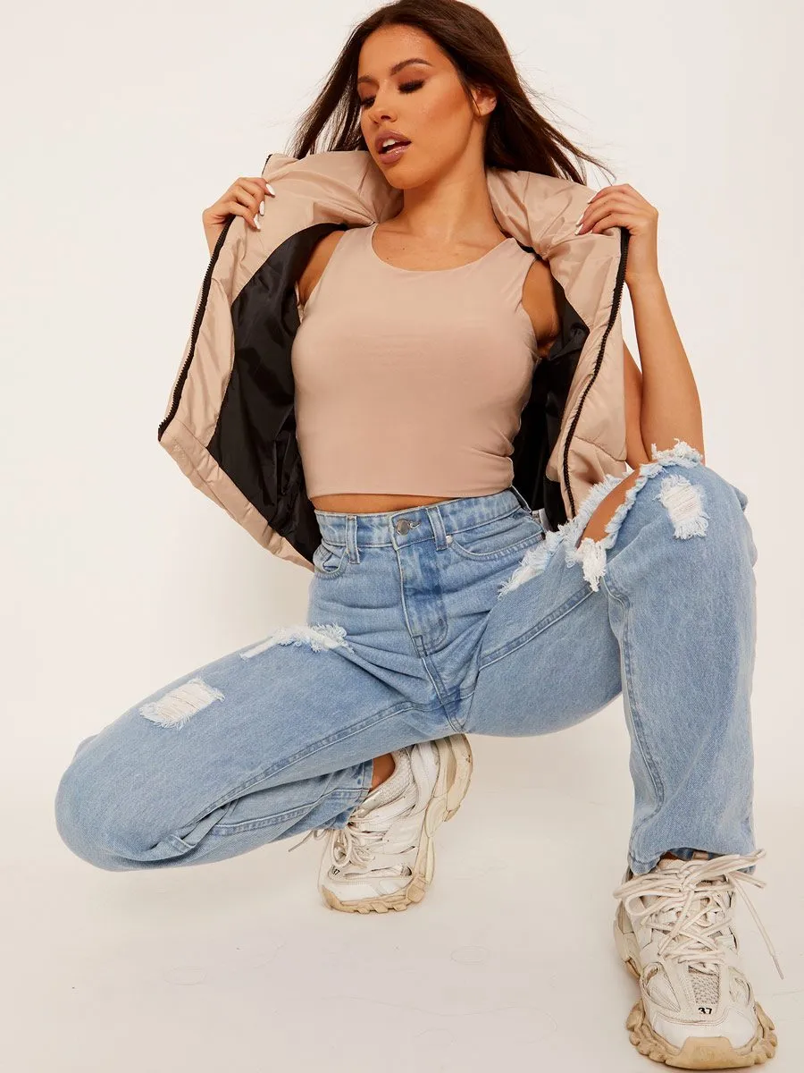Yoli Cropped Padded Gilet In Stone